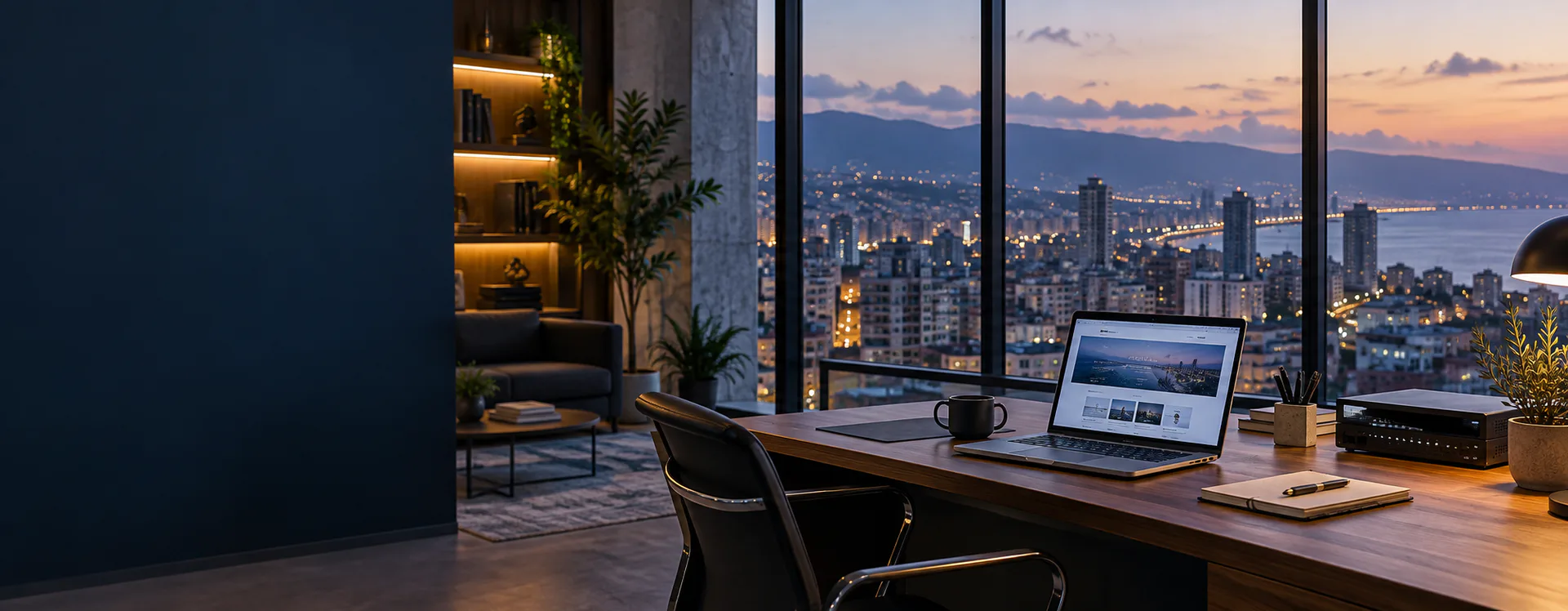 A contemporary technology workspace overlooking a Lebanese city at dusk