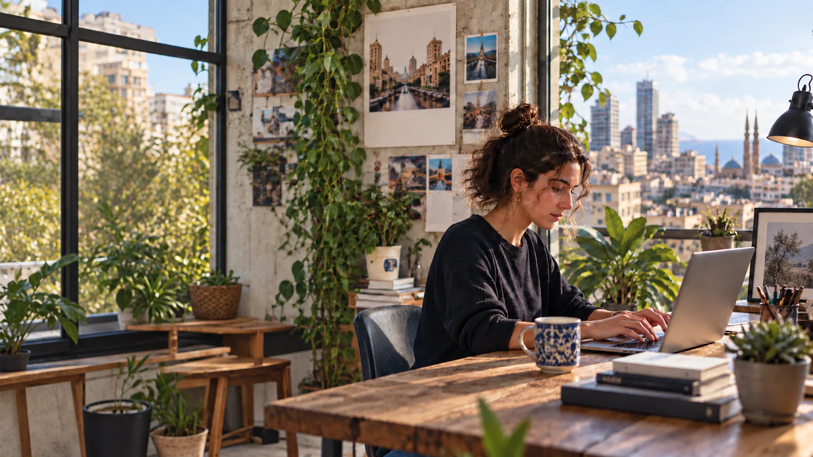 A woman working on a laptop in a bright city workspace