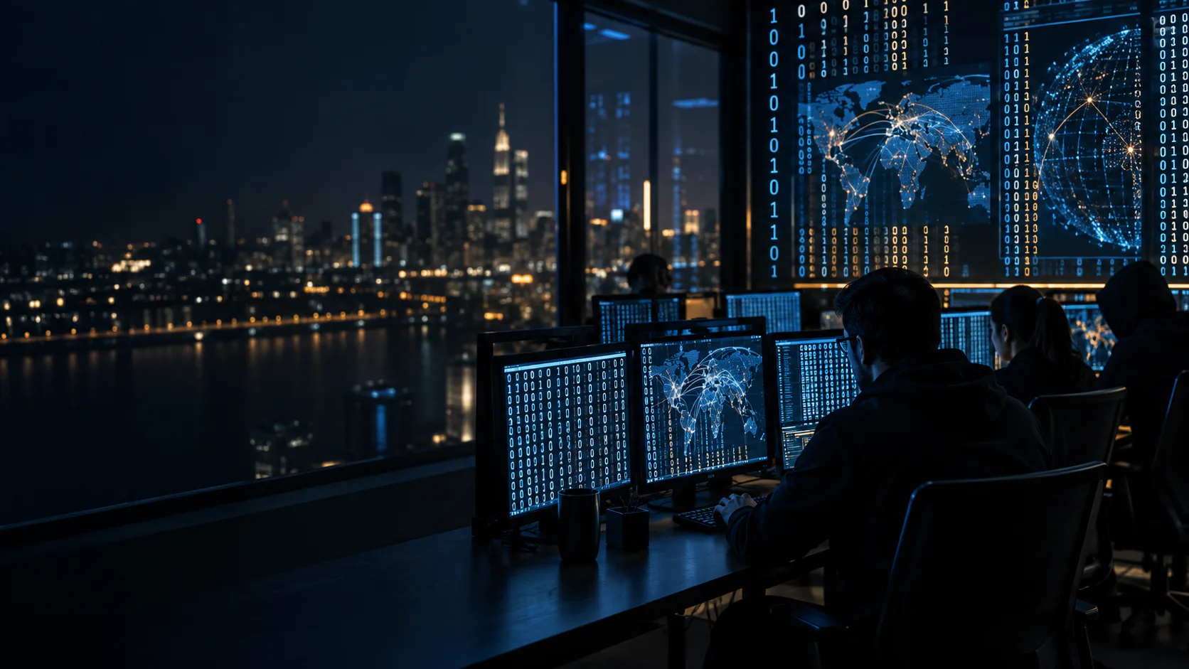 Cybersecurity analysts monitoring binary code and network activity