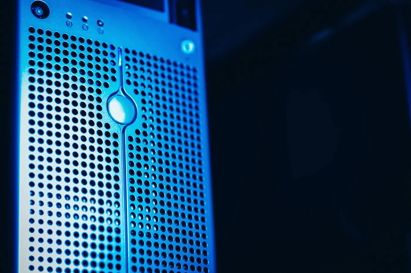 A close view of server hardware in blue light